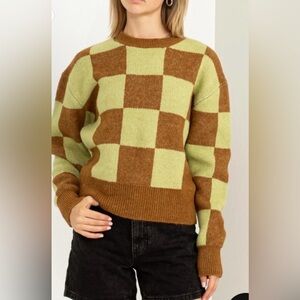Double Zero Checkered Brown and Green Sweater EUC